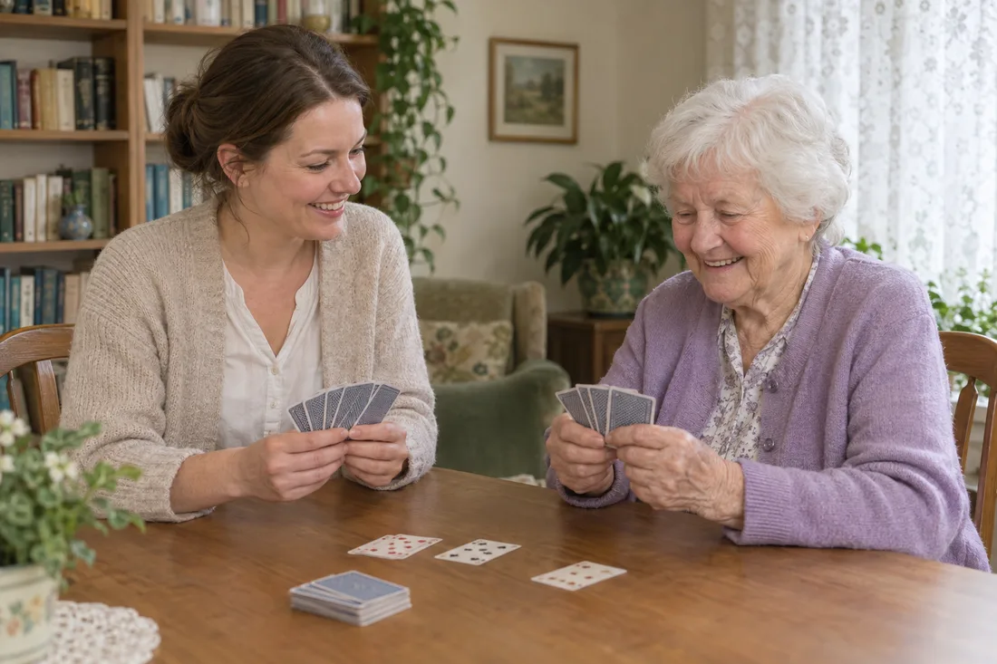 Helferin und ältere Dame spielen zu Hause Karten
