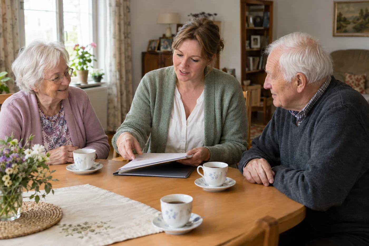 Pflegeberaterin im Gespräch mit einem älteren Ehepaar zu Hause
