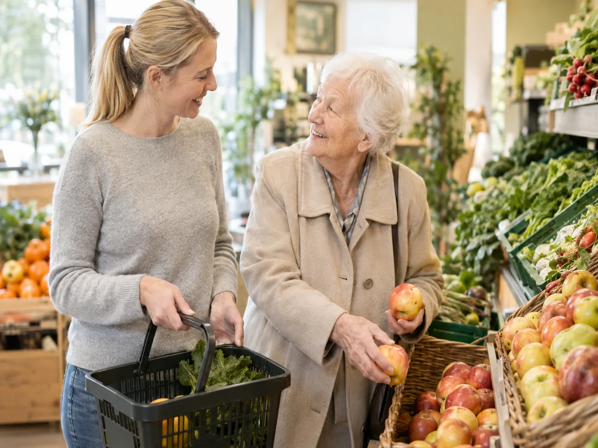 Helferin und ältere Dame beim gemeinsamen Einkaufen