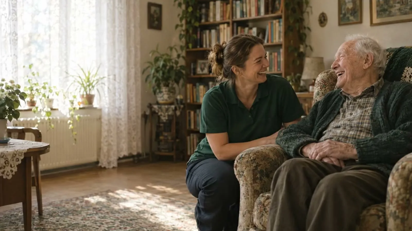 Pflegekraft und älterer Herr lachen gemeinsam im Wohnzimmer